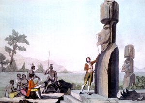 La Perouse mit seiner Crew, misst die Statuen auf der Osterinsel (1786), Gravur von Gaspard (after) Duche de Vancy