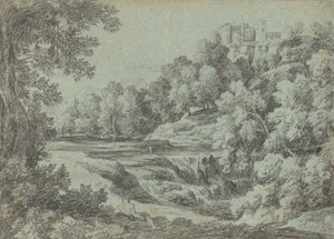 Italienische Landschaft mit Befestigungen und einem Wasserfall