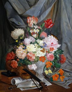 Stillleben mit Vase aus Schnittblumen und Geige von Gaspare Mattioli