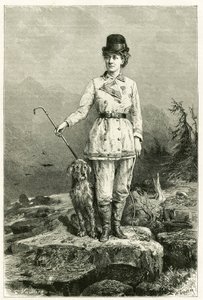 Porträt von Madame Marie De Ujfalvy-Bourdon, in Reisekleidung, mit ihrem Hund, verheiratet mit dem Ethnologen, Linguisten und Entdecker Charles Eugene Ujfalvy (1842-1904), sie begleitete ihn auf all seinen Expeditionen. Gravur von G. Vuillier, nach der Nat
