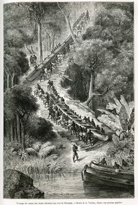 Das Ziehen von Kanus an den Innkissi-Fällen (oder Livingstone-Fällen) (Kongo), unter der Leitung von Sir H.M. Stanley (1841-1904), Zeichnung von G. Vuillier, um die Geschichte „Durch den geheimnisvollen Kontinent“ zu illustrieren, eine Reise, die zwischen  von Gaston Vuillier