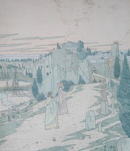 Odysseus trifft die Göttin Minerva, verkleidet als Mädchen mit einem Krug, Illustration aus Buch 6 der Odyssee, übersetzt von Lecomte de l