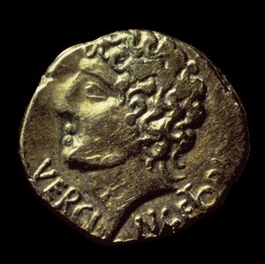 Gallischer Goldstatere (Arverner) mit dem Abbild von Vercingetorix (72-46 v. Chr.) ausgegeben 52 v. Chr. von Gaulish Gaulish