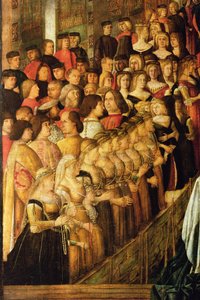 Das Wunder des Kreuzes auf der San Lorenzo Brücke, Detail von Caterina Cornaro 1454-1510 und ihren Damen, 1500 Öl auf Leinwand (Detail) von Gentile Bellini