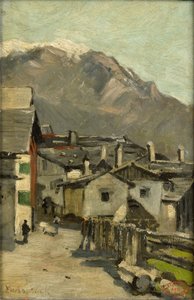 Häuser entlang einer Straße in der Nähe eines Berges (Innsbruck?) von Geo Poggenbeek