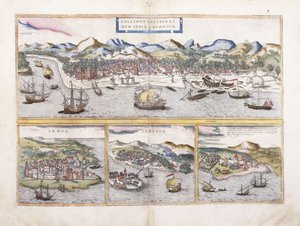 Ansicht von Kalkutta, Indien, und darunter kleinere Ansichten von Ormuz am Eingang des Persischen Golfs, Canonor in Indien und der portugiesischen Festung El Mina in Westafrika, 1572
