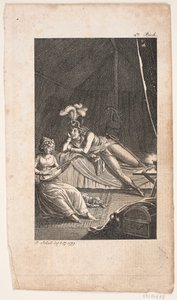 Illustration mit einer Dame, die Laute für einen Herrn in einem Zelt spielt von Georg Christian Schule