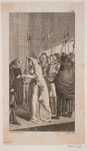 Illustration mit einer jungen Dame, die einem älteren Mann einen Brief übergibt. Im Hintergrund zwei Herren, umgeben von Stadtwachen von Georg Christian Schule