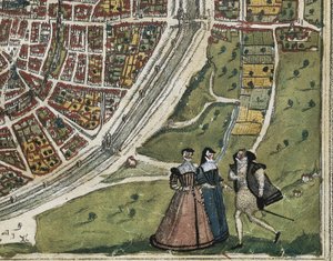 BRAUN, George (1541-1622). ORTELIUS, Abraham (1527-1598). HOGENBERG, Franz (1535-1590). Civitatis Orbis Terrarum (Theatrum orbis terrarum). 1572-1617. Paris (1572). Linkes unteres Detail. Band I. Radierung. SPANIEN. KASTILIEN UND LEÓN. Salamanca. Universit