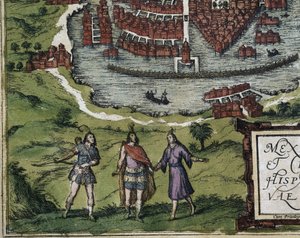 Civitatis Orbis Terrarum (Theatrum orbis terrarum). 1572-1617. Mexiko-Stadt (1576). Detail mit Azteken. Radierung