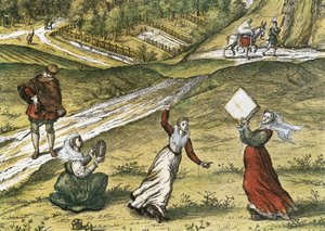 Andalusische Tänzer. Detail von Granada, in Band I "Civitatis Orbis Terrarum". Farbradierung von Abraham Ortelius (1527-1598), George Braun (1541-1622) und Franz Hogenberg (1535-1590), veröffentlicht 1572-1617