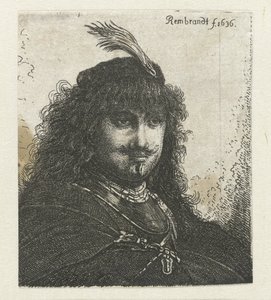 Selbstporträt (?) mit Federhut und gesenktem Säbel
