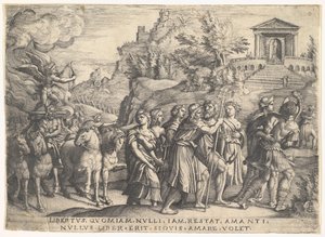 Triumph der Liebe: vier Pferde ziehen eine Kutsche mit Amor, der auf einer rauchenden Plattform steht, ca. 1539 von Georg Pencz