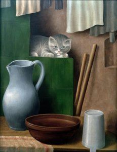 Stilleben mit Katze (Ofenecke) von Georg Schrimpf