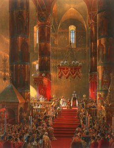 Der Metropolit kniet bei der Krönungszeremonie von Zar Alexander II., Moskau, 1856