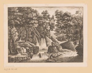 Wasserfall im Wald mit zwei Fischern im Vordergrund von Georg Wolfgang Knorr (possibly)