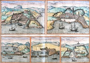 Tangier, Safi, Ceuta, Asilah, Salé, Marokko, aus dem Buch Civitates orbis terrarum von Braun und Hogenberg. Erscheinungsjahr 1572, Köln.