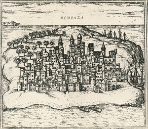 Stadt Mombasa in Kenia, Gravur aus Civitates Orbis Terrarum