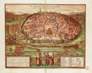 Israel und Palästina, Stadt Jerusalem, von Georg Braun und Franz Hogenberg, aus Civitates Orbis Terrarum, Farbstich von Georg Braun and Hogenberg Franz