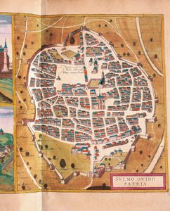 Italien, Sulmona, Die Stadt Sulmona aus Civitates Orbis Terrarum von Georg Braun und Franz Hogenberg, Kupferstich von Georg Braun and Hogenberg Franz