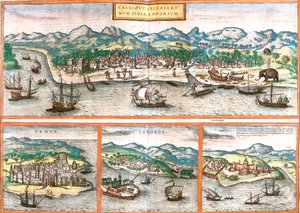 Kozhikode, Hormuz-Insel, Kannur, Elmina, Indien, Iran, Ghana von Georg and Hogenberg Franz (1535 90) Braun