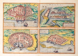 Karte von Cagliari, Malta, Rhodos und Famagusta aus Civitates Orbis Terrarum von Georg Braun
