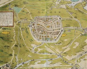 Niederlande, Karte der Stadt und Region Leiden aus Civitates Orbis Terrarum von Georg Braun und Franz Hogenberg, Köln, Kupferstich