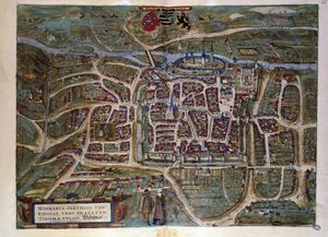 Karte der deutschen Stadt Weimar. Gravur aus dem Atlas von „Braun und Hogenberg“ 1572