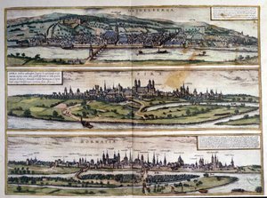 Ansichten von drei Städten in Deutschland: Heidelberg, Speyer, Worms. Atlas von Braun und Hogenberg. 1550 von Georg Braun and Hogenberg Franz