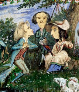 Fächer mit Karikaturen, gemalt in Gouache von George Sand (Aurore Dupin, Baronne Dudevant) (1804-1876) und Auguste Charpentier (1815-1880): Detail, das die Schriftstellerin George Sand zeigt, umgeben von Eugene Delacroix (Mitte) und Franz Liszt. 19. Jahrhu