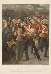 Auf Wiedersehen! Das 3. Bataillon der Grenadier Guards verlässt den Waterloo-Bahnhof, 21. Oktober 1899