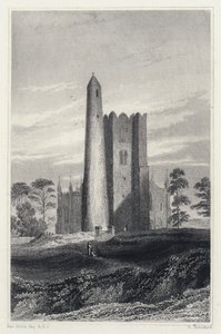 Der Rundturm Glockenturm und Kirche von Swords (Stich) von George (after) Petrie
