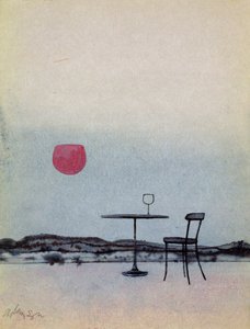 Verschütteter Rotwein auf einem Außentisch wird zur untergehenden Sonne