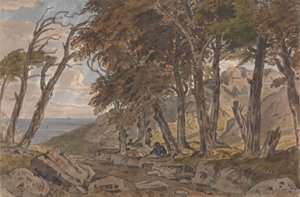 Figuren am Ufer eines bewaldeten Weges, mit Meer in der Ferne links von George Barret Jr.