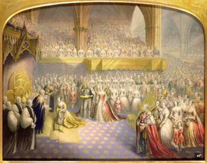 Ihre gnädigste Majestät Königin Victoria (1819-1901) empfängt das Sakrament bei ihrer Krönung, 28. Juni 1838 von George Baxter