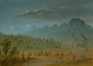 Ein Krähen-Dorf und die Salmon River Mountains, 1855-1869 von George Catlin