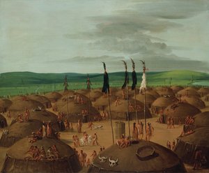 Vogelperspektive des Mandan-Dorfes, 1800 Meilen oberhalb von St. Louis, 1837-1839 von George Catlin