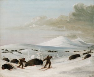 Büffeljagd im Schnee, Indianer auf Schneeschuhen verfolgend