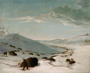 Büffeljagd im Winter, Indianer auf Schneeschuhen