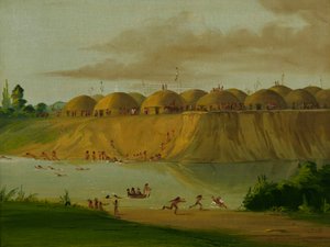 Hidatsa-Dorf, erdüberdeckte Lodges, am Knife River, 1810 Meilen oberhalb von St. Louis von George Catlin