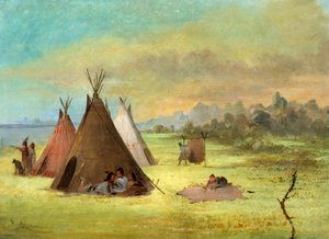 Indianerlager, Comanche (oder Kiowa) beim Häuten, Red River