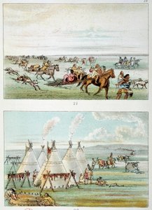 Indianer Amerikas: (oben) Stamm zieht mit Fellen zum Verkauf. (unten) Stamm von 500 bis 600 Tipis. Illustration von George Catlin von George Catlin