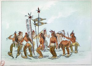 Indianer Amerikas: Schneeschuhtanz im Chippeway-Stamm. Illustration von George Catlin