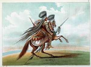 Indianer Miniatarees jagen wilde Pferde am Fuße der Rockies. Illustration von George Catlin von George Catlin