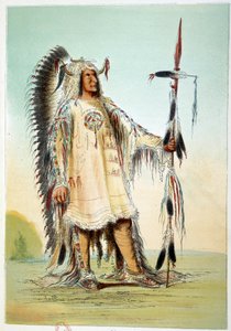 Indianer Amerikas: Mah-To-Toh-Pa (Mah To Toh Pa), zweiter Mandan-Häuptling in Häuptlingskleidung. Illustration von George Catlin (1794-1872)