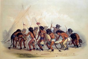 Indianer Amerikas beim Büffeltanz. Lithographie von George Catlin