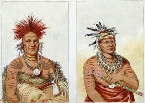 Indianer Amerikas: der Pferdehäuptling des Stammes der Großen Pawnees (oder Paneassa, Pari, Pariki) (Nr. 138) zweiter Häuptling plus Alter (Nr. 139) - Der zweite trägt eine Halskette aus Bärenkrallen - Illustration von George Catlin (1794-1872) von George Catlin