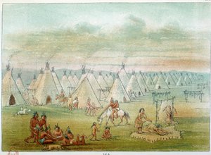 Indianerdorf der Comanche, die Zelte sind aus Bisonhäuten. Illustration von George Catlin