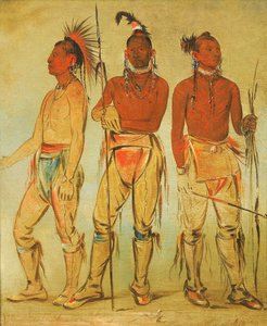 Mun-ne-pús-kee, Der, der keine Angst hat; Ko-ha-túnk-a, Großer Rabe; und Nah-cóm-ee-shee, Mann des Bettes, Drei junge Krieger von George Catlin
