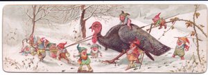 Eine viktorianische Weihnachtskarte einer Gruppe bösartiger Elfen, die einen gefangenen Truthahn führen, ca. 1895